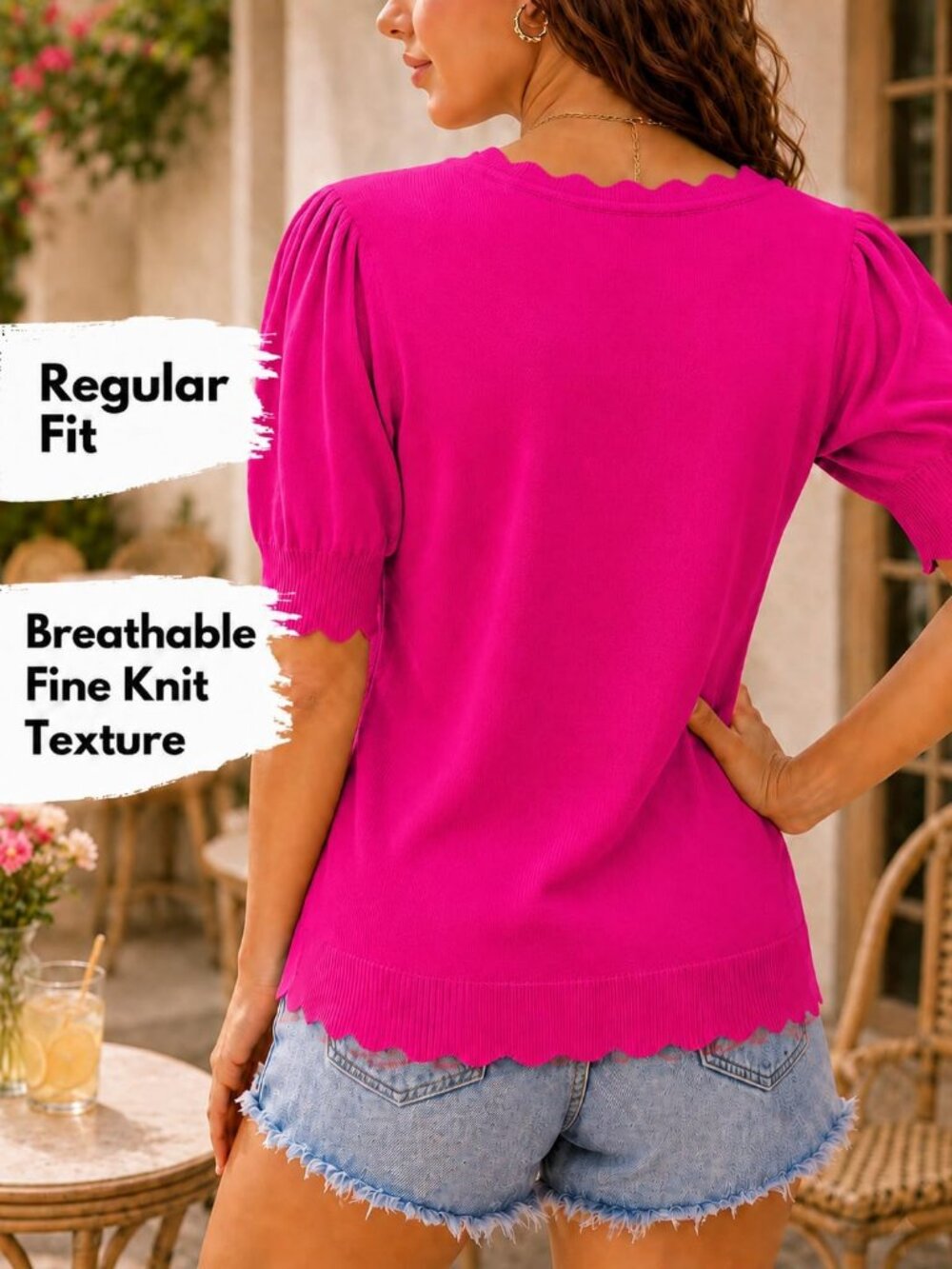 Women's Rose Red Short Sleeve Crew Neck Pull On Imported Casual Sweater - Picture 4 of 5